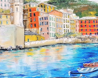 Oil painting Vernazza Cinque Terre Italy original Coastal village art Italian landscape boat artwork 14x11