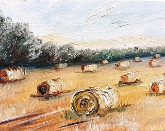 Hay Bales Oil Painting Original Canvas Art Mini Farmhouse Landscape French Country Decor ACEO