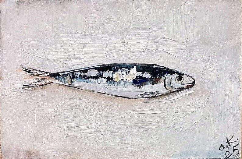 May include: Oil painting of a fish on a white background. The fish is painted with shades of gray, black, and white, with a touch of blue. The artwork has a textured, impasto style, with visible brushstrokes. The artist's signature and the number "25" are in the bottom right corner.