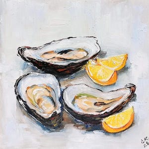 Oyster painting lemon art original Still life oil painting seafood wall art coastal decor farmhouse kitchen wall art vintage artwork 8x8