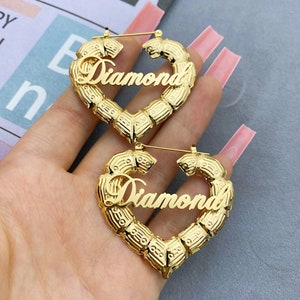 Custom Heart Bamboo Earrings, Bamboo Hoop Earrings, Name Hoop Earrings, Gold Bamboo Earrings, Kids Name Earrings, Personalized Gift for her