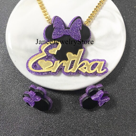 Minnie Mouse Acrylic Name Necklace - Custom Acrylic Stud Earrings - Personalized Jewelry Sets - Minnie Mouse Birthday Jewelry Gifts for Kids