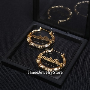 Custom Bamboo Earrings,Name Earrings Bamboo,Personalized Earrings,Gold Name Earrings,Bamboo Hoop Earrings,Bling Name Earrings,Gift for Her
