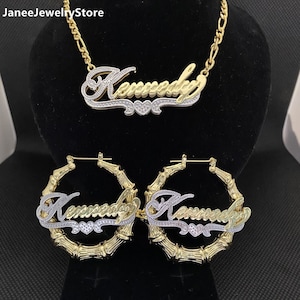 Custom Bamboo Earrings, Name Earrings Sets, Name Necklace, Name Earrings, Personalized Jewelry Set, Personalized Mother&#39;s Gifts, Mom Gift