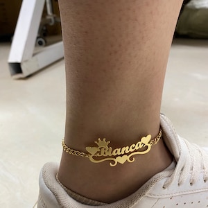 Custom Name Anklet, Gold Cuban Chain Nameplate Anklet, Personalized Anklet Bracelet, Name Leg Foot Chain with Heart,Christmas Gift for Women