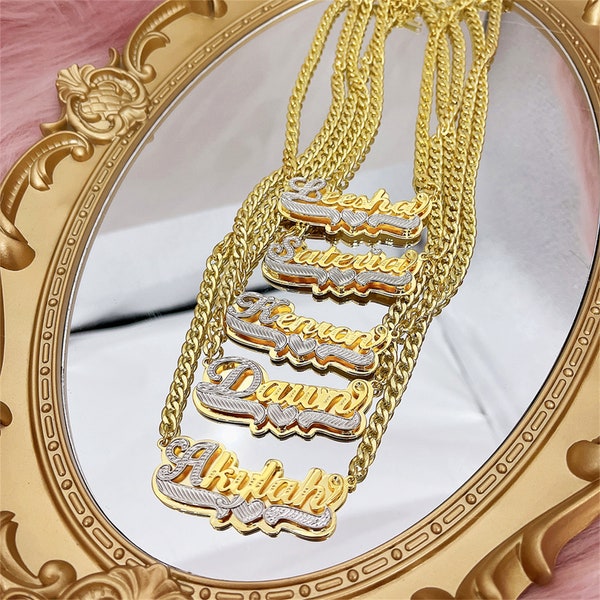 Customized Nameplate Necklace Personalized Custom 3D Double Pendant Name Necklace Figaro Chain