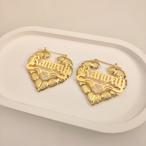 Heart Bamboo Earrings, Name Bamboo Earrings, Custom Name Earrings, Personalized Earrings, Bamboo Hoop Earrings, Gold Nameplate, Gift for Her