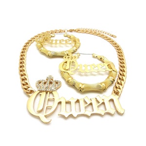 Queen Bamboo Earrings/Statement Queen Necklace/Hoop Earrings /Personalized Name Earring /Jewelry Gift for her (Queen Necklace + Earring Set)