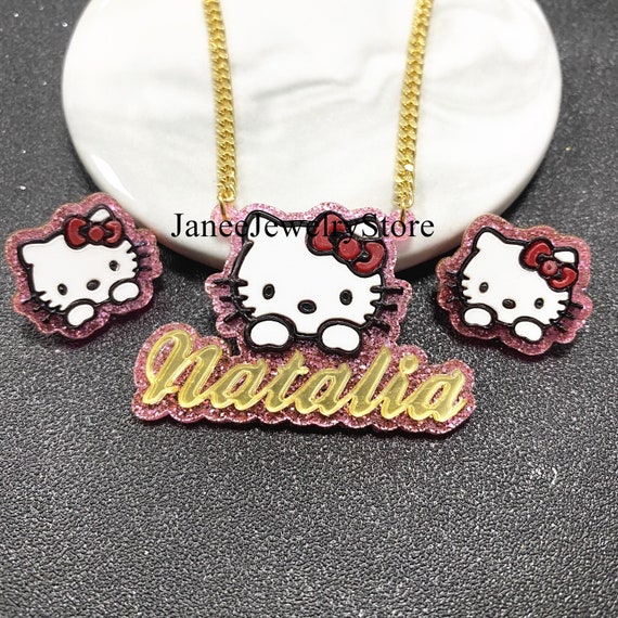 Hello Kitty Necklace set and Earrings - Personalzied Jewelry - Birthday Gifts - Acrylic Hello Kitty for kids