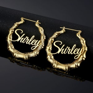 Custom Bamboo Earrings • Personalized Earrings • Name Bamboo Earrings • Bamboo Hoop Earring • Nameplate Hoops Earrings • Gift for Women Girl