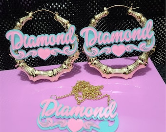 Personalized Name Bamboo Hoop Earrings: Colorful Nameplate, Custom Jewelry