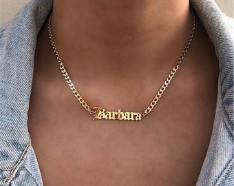 18K Old English Name Necklace, Custom Name Necklace, Bold Curb Chain Name Necklace, Personalized Necklace, Personalized Gift for Women Men