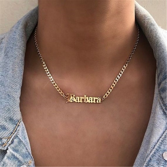 18K Old English Name Necklace, Custom Name Necklace, Bold Curb Chain Name Necklace, Personalized Necklace, Personalized Gift for Women Men