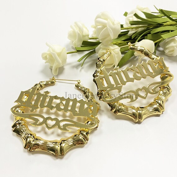 Custom Bamboo Name Earrings - Bamboo Hoop Earrings - Name Earrings 