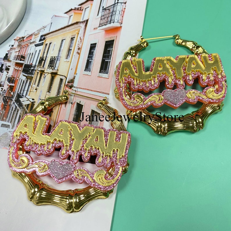 Custom Bamboo Name Earrings Acrylic Name Earrings Name Etsy