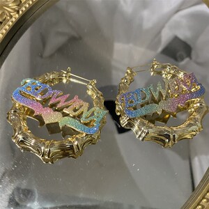 Custom Name Bamboo Earrings,Name Earrings,Bling Name Earrings,Gold Name Earrings,Name Bamboo Hoop Earring,Personalized Earrings,Gift for her