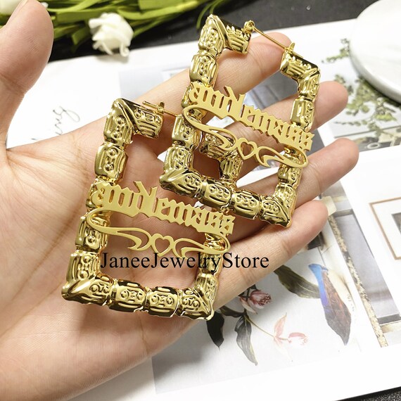 thumbnail image 2 of Personalized 14K Gold Plated Bamboo Name Earrings | Round Hoops, Any Name, Joolsie Co. 2 of 6