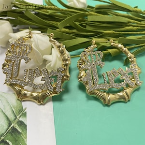 Custom Name Bamboo Earrings, Name Earrings, Diamond Name Earrings, Bamboo Hoop Earring, Bamboo Earrings, Personalized Jewelry Gift for her