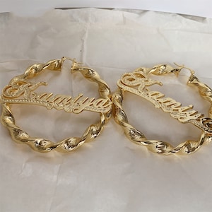 Double Nameplate Earrings,Custom Nameplate,Custom Name Earrings,Double Plate Gold Name Earrings,Personalized Earrings,Bamboo Hoop Earrings