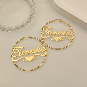 Custom Name Hoop Earrings, Personalized Earrings, Hoop Earrings with Heart, Large Hoop Earrings, Gold Name Hoops, Personalized Gift for Her