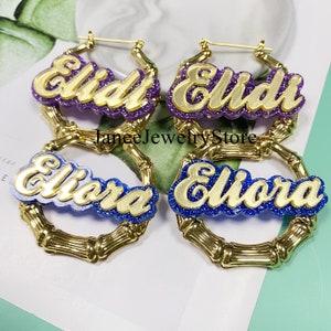 Custom Bamboo Name Earrings - Acrylic Name Earrings - Name Earrings - Bamboo Hoop Earrings  - Personalized Jewelry Gift for her