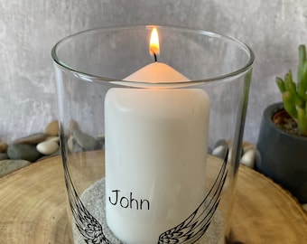 Memory candle holder with personalised name, hurricane candle holder, angel wings