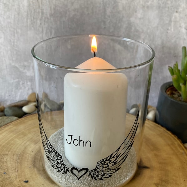 Memory candle holder with personalised name, hurricane candle holder, angel wings