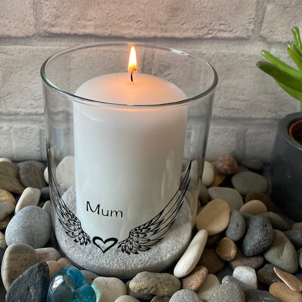 Personalised memorial candle holder, In memory of Mum, hurricane candle holder, angels
