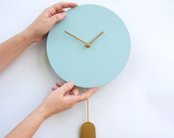 Light Blue Clock with Brass Pendulum | Wall Clock with Gold Hands | Elegant Wall Clock