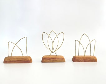 Set of Three Picture and Cards Holders | Brass Wire and Oak Stands | Office Desk Decor