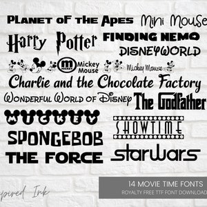 May include: A black and white graphic design featuring 14 movie and television show titles in different fonts. The titles include "Planet of the Apes", "Mini Mouse", "Harry Potter", "Finding Nemo", "Disney World", "Charlie and the Chocolate Factory", "Wonderful World of Disney", "The Godfather", "Mickey", "SpongeBob", "The Force", "Star Wars", and "Showtime". The text "14 Movie Time Fonts" and "Royalty Free TTF Font Downloads" is also included in the graphic.