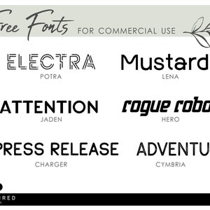 May include: A graphic design image featuring the text "Free Fonts for Commercial Use" with six different font styles and names. The fonts are Electra, Mustard, Attention, Rogue Robots, Press Release, and Adventure.