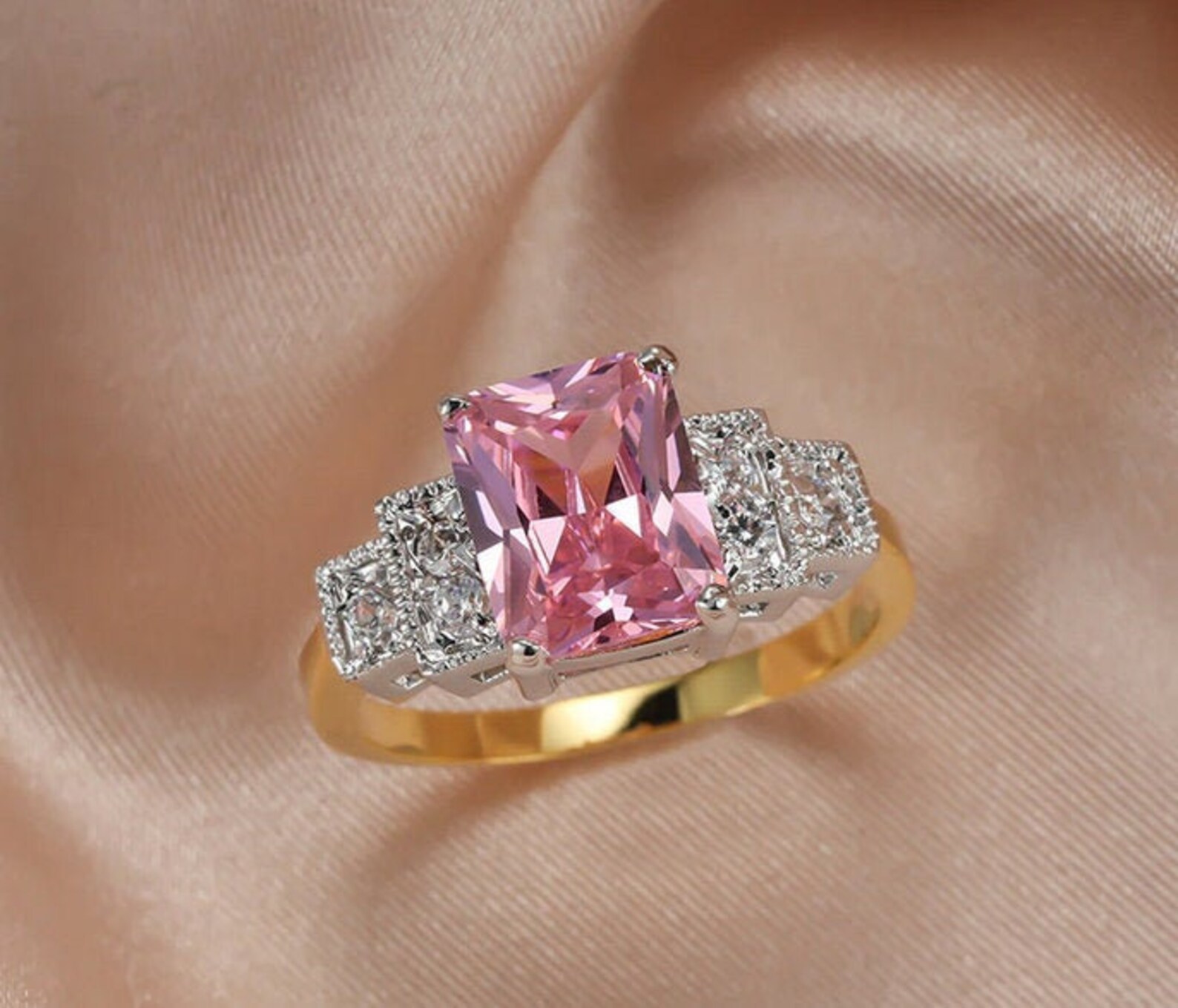 Pink Zircon Ring Cute Pink Ring Yellow Gold Ring Cubic Etsy