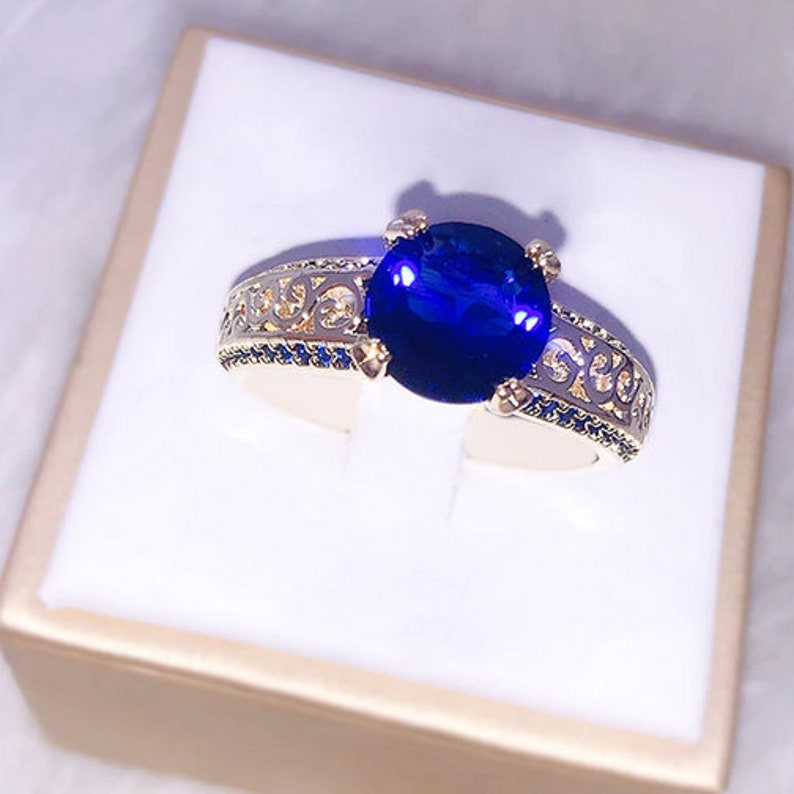 Handmade Ring Gold Cubic Zircon Ring Round Blue Stone Ring | Rose Gold Ring Wedding Ring Blue Sapphire Zircon Ring