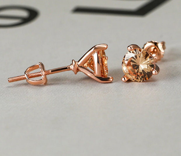925 Sterling Silver Champagne Stud Earrings – 8mm Simulated Diamond Studs, Butterfly Back | Brand New With Tags, Unbranded