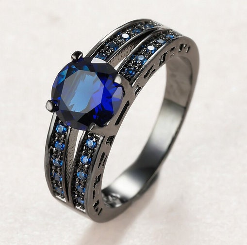 Blue Sapphire Ring Black Gold Filled Ring Round Blue - Etsy