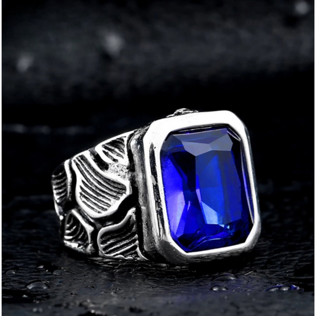 Blue Sapphire Men Ring Emerald Cut Sapphire Men Signet Ring Blue ...
