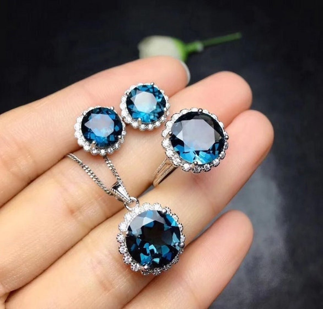London Blue Topaz Jewelry Set London Blue Topaz Ring Earrings Pendent 