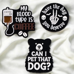 Funny Coffee & Dog Enamel Pin Set – “My Blood Type is Coffee”, “Can I Pet That Dog?”, “Have the Day You Deserve” Pins