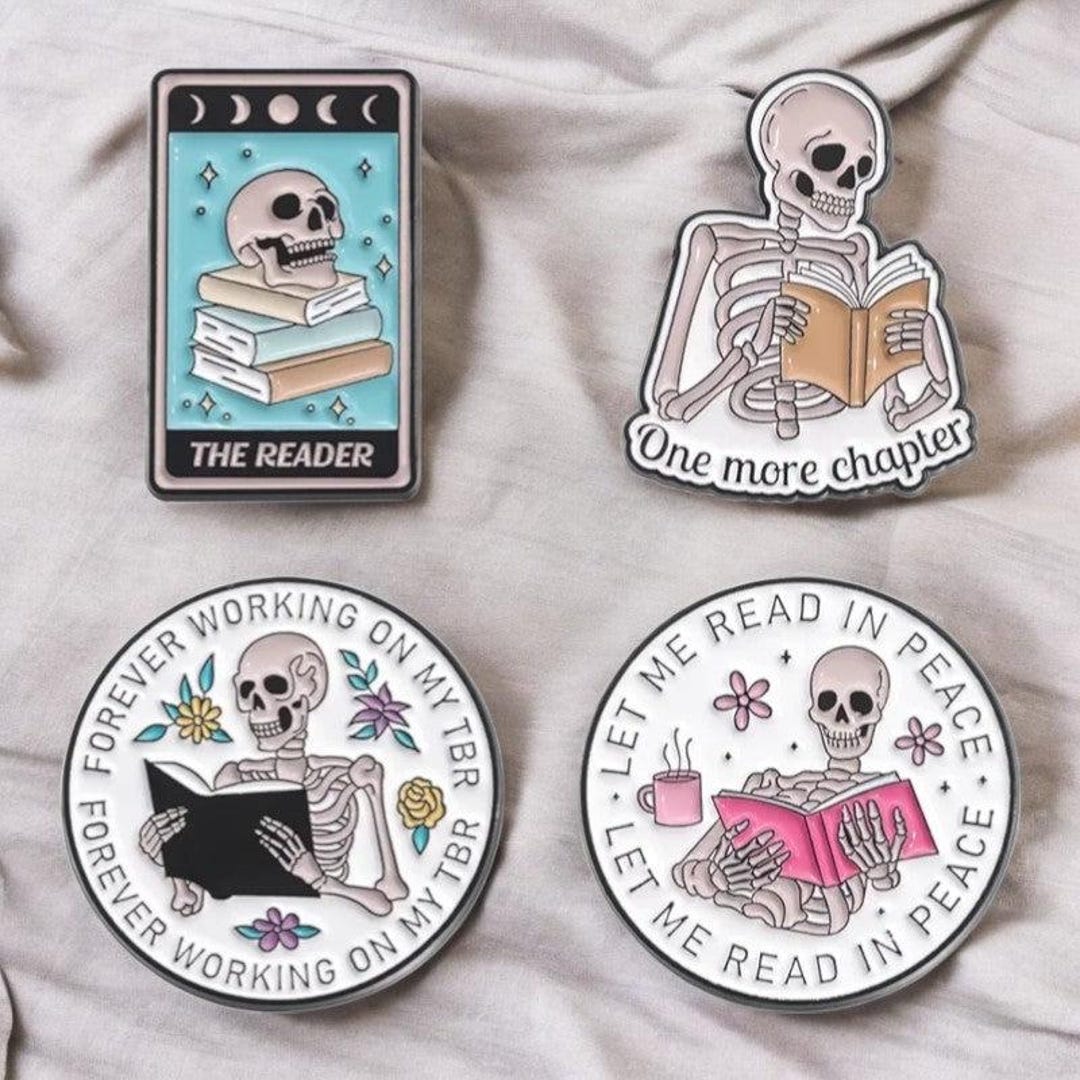 Skeleton Reading Enamel Pin Set – Funny Goth Bookworm Pins for TBR ...