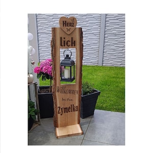 Wooden stele Welcome Heart-Light / wooden display / entrance sign