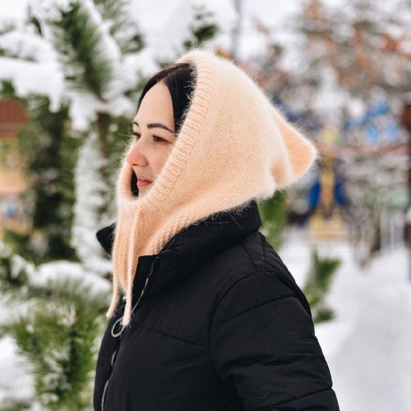 Capuche en tricot, grosse écharpe cagoule, bonnet angora en tricot, cagoule en laine, capuche châle duveteuse, écharpe à capuche, châle à capuche, cadeau de Noël pour elle