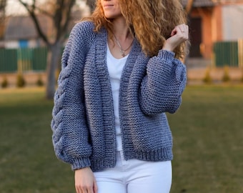 Women's Knitted Cardigan, Chunky Cardigan, Blue Oversized Cardigan, Hippie Sweater, Boho Cardigan, Hand Knit Wool Cardigan