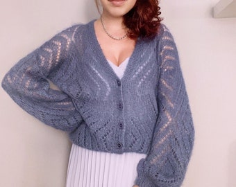 Mohair Cardigan, Lightweight V Neck Cardigan, Loose Knit Buttons Cardi, Hand Knit Sweater, Blue Mohair Sweater For Women, Soft Mohair Bomber