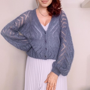 Mohair Cardigan, Lightweight V Neck Cardigan, Loose Knit Buttons Cardi, Hand Knit Sweater, Blue Mohair Sweater For Women, Soft Mohair Bomber