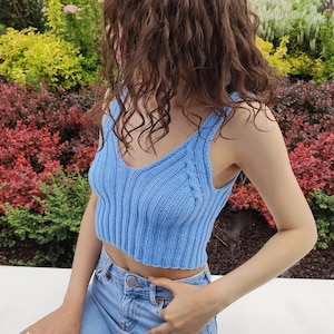 Handknit Tank Top, Minimalist Top, Knit Bralette Top, Sport Knit Bra, V-neckline Womens Top, Sleeveless Summer Top, Ribbed Tank Top