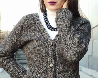 Women's Knitted Cardigan, Chunky Cardigan, Baby Alpaca Cardigan, Hippie Cotton Sweater,  Boho Cardigan, Knitted Gray Cardigan