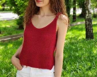 Handknit Tank Top For Women, Cotton Summer Top, V-Neck Tank Top, Casual Ribbed Singlet, Sleeveless Minimalist Top, Natural Organic Cotton