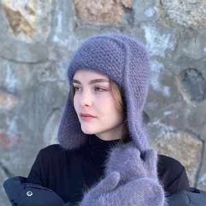 Knitted earflap hat, chunky knitted hat, unisex knitted hat, winter fluffy angora hat
