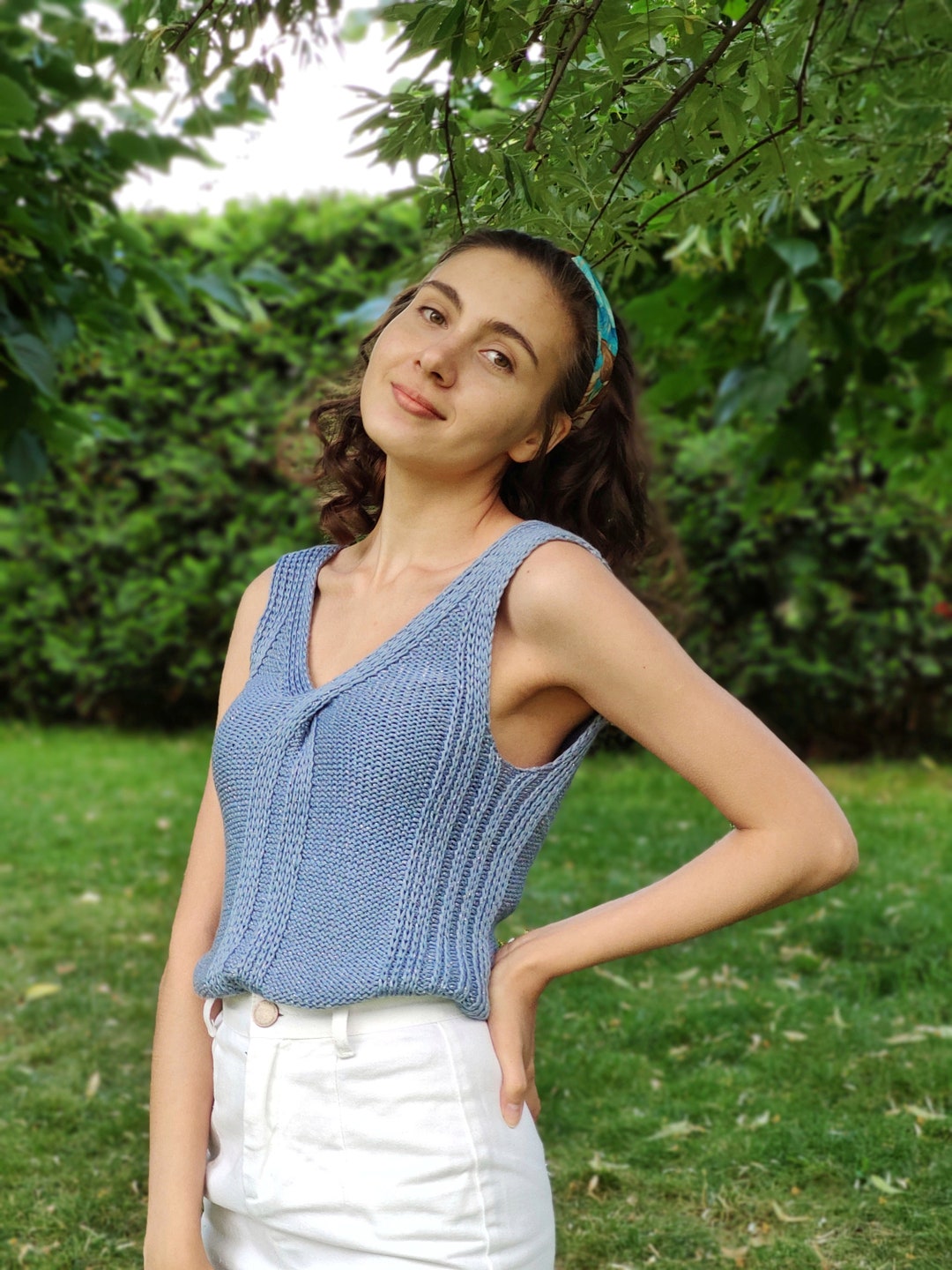 V Neck Knit Top, Hand Knit Blue Top, Tank Top for Women, Summer Open